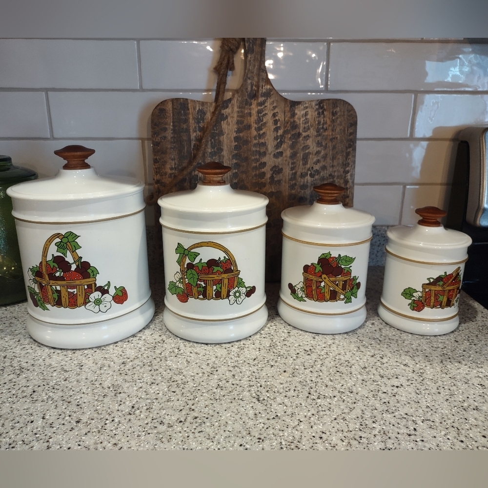 Vintage Kromex Strawberry Basket Metal Canisters Set Of Four